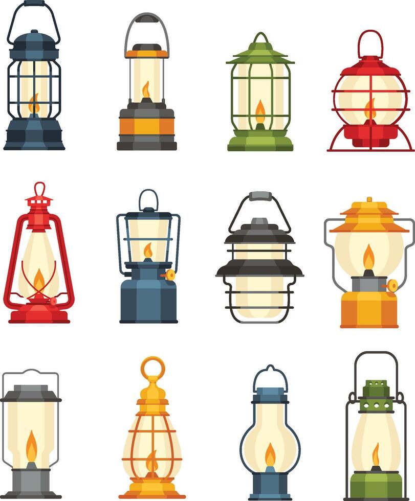 Cartoon camp lamp. Vintage camping lantern, portable lighting devices with flames illustration set vector
