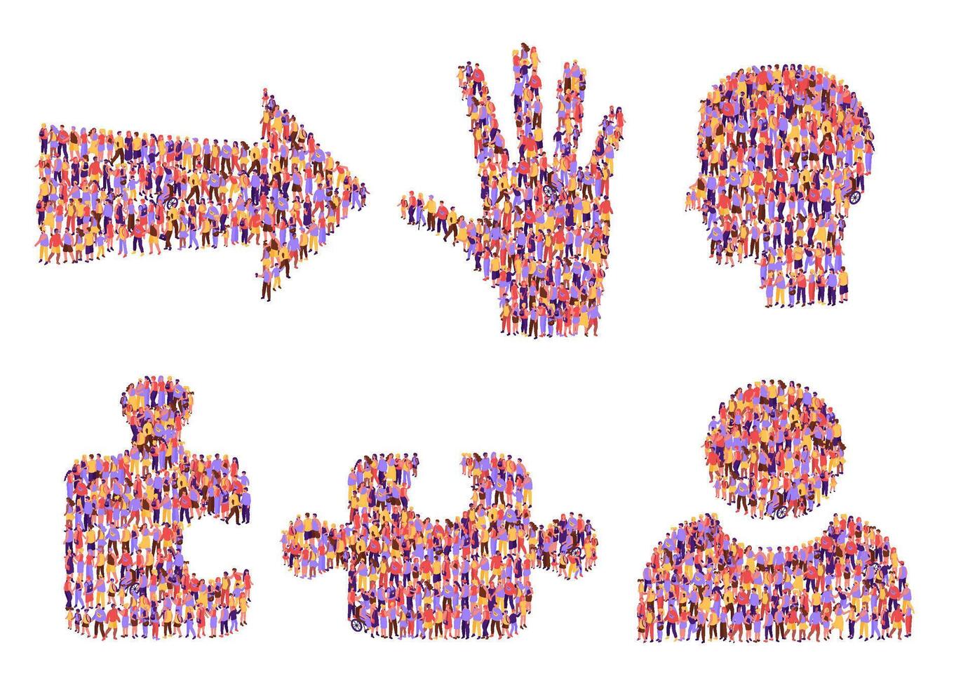 Society icons. People crowd forming community direction arrow, helpful hand and team head. Person and jigsaw puzzle piece employee forum icon illustration set vector