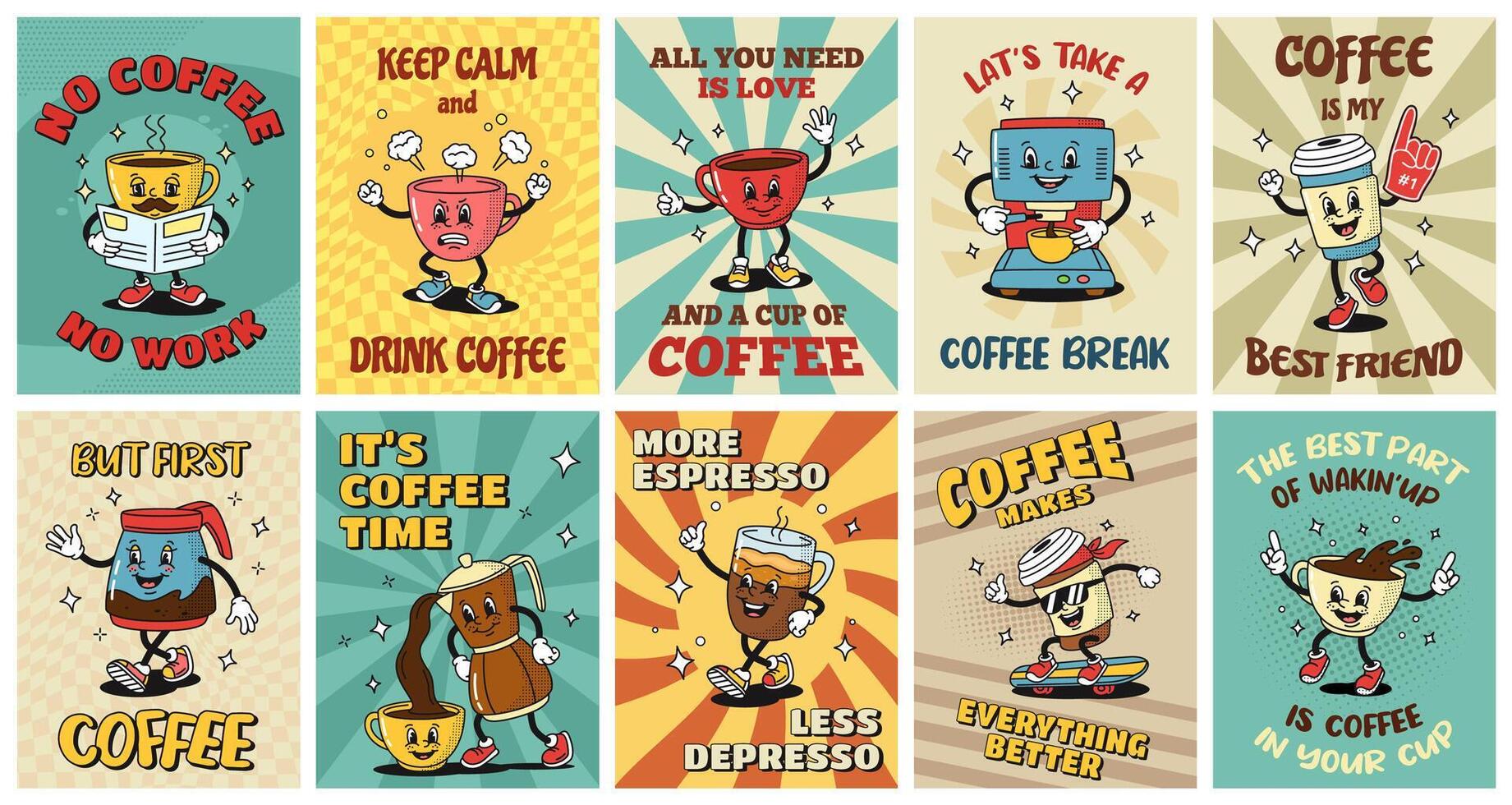 Retro coffee posters. Cartoon espresso cups, coffee house stickers with slogans in style of 1930s rubber hose animation. illustration set vector