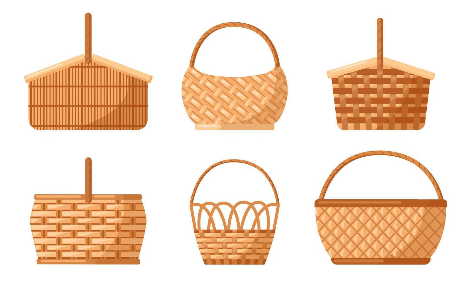 Wicker baskets set. Picnic empty design container vector