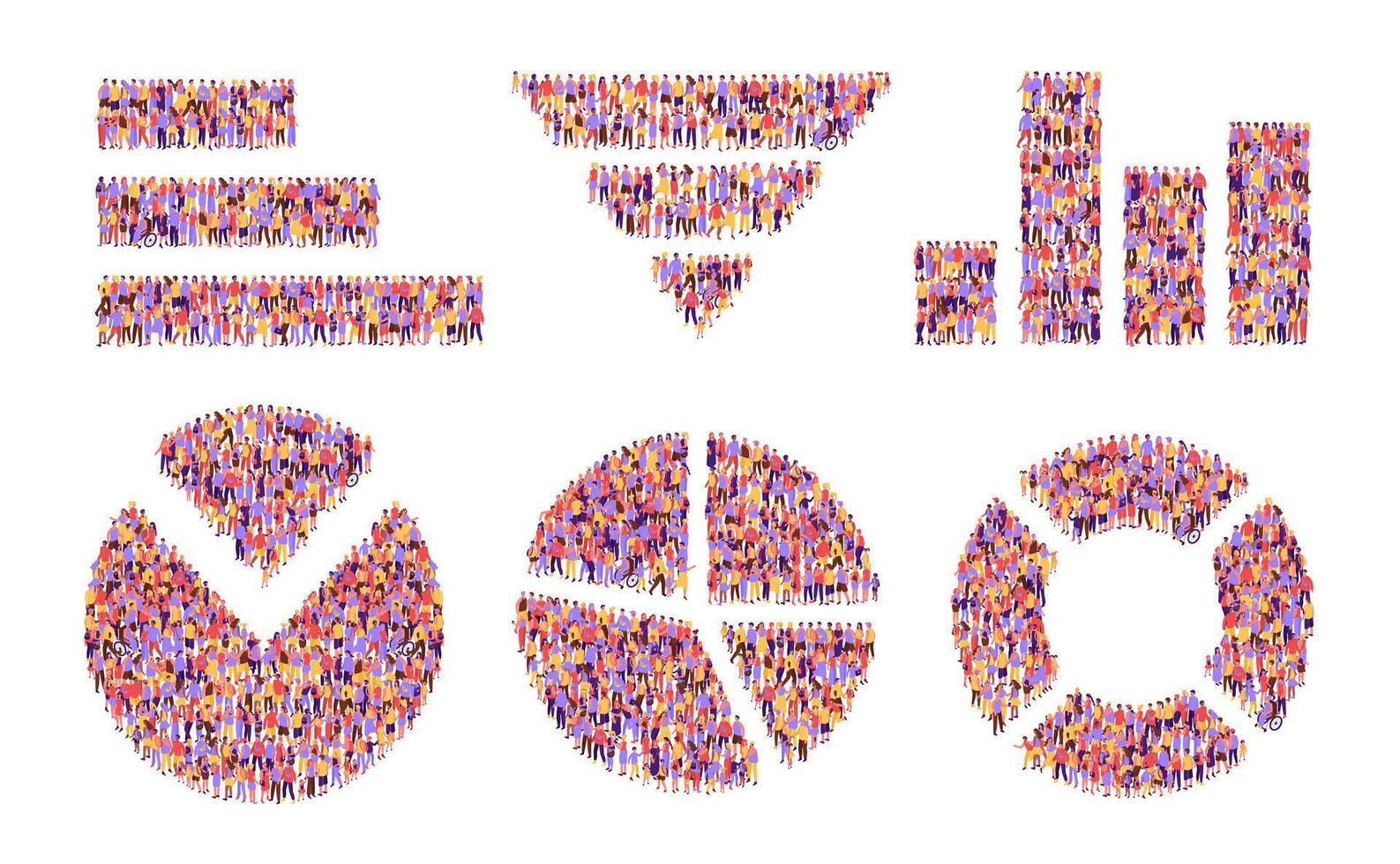 Isometric people chart. Bar and line graphs, pie charts for demographic, customer or community infographic visualization illustration set vector