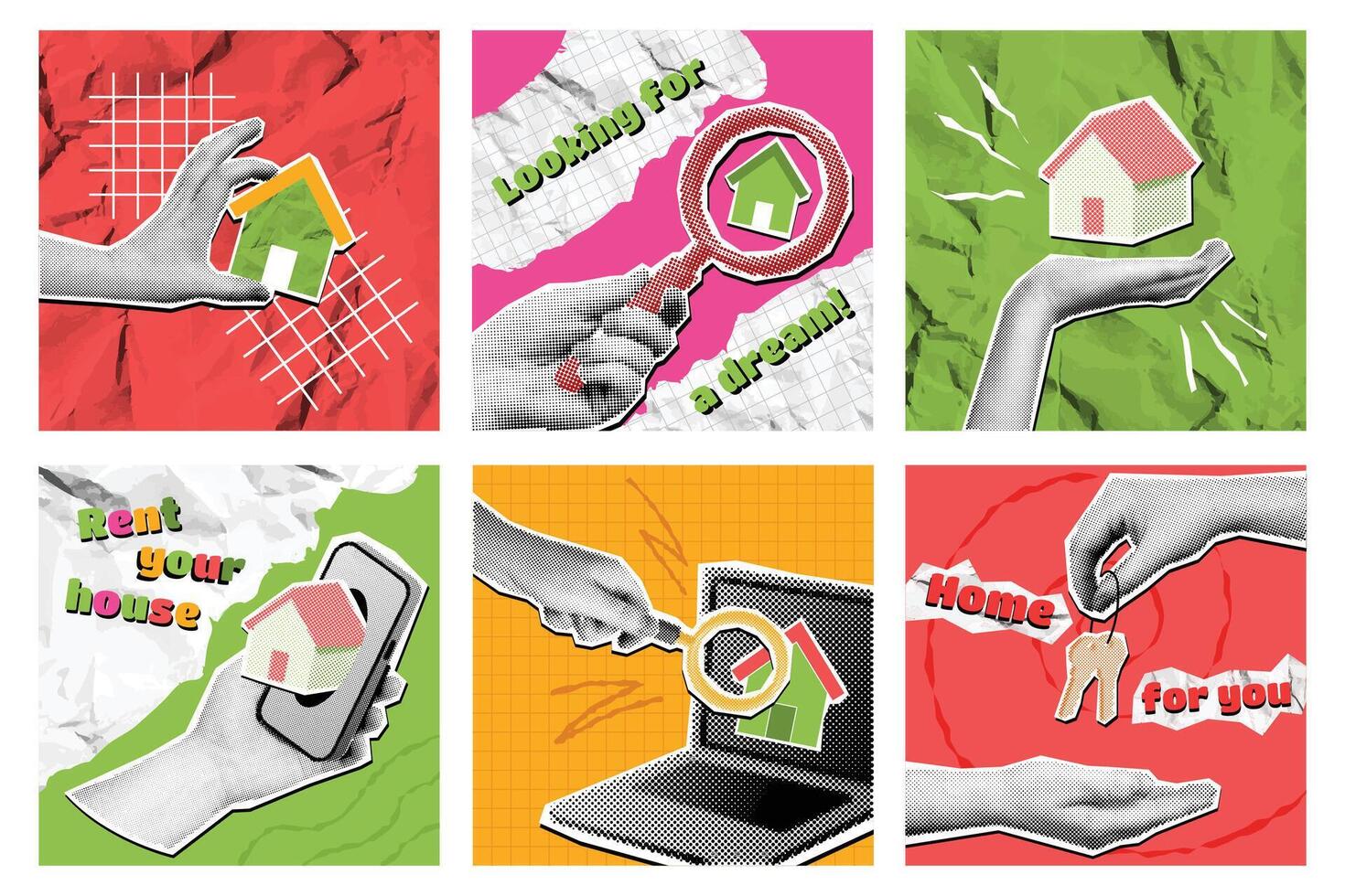 Mixed media mortgage. Real estate and home search collage renting and property searching with magnifying glass. Housing market illustration set. Online internet researching, investment concept vector