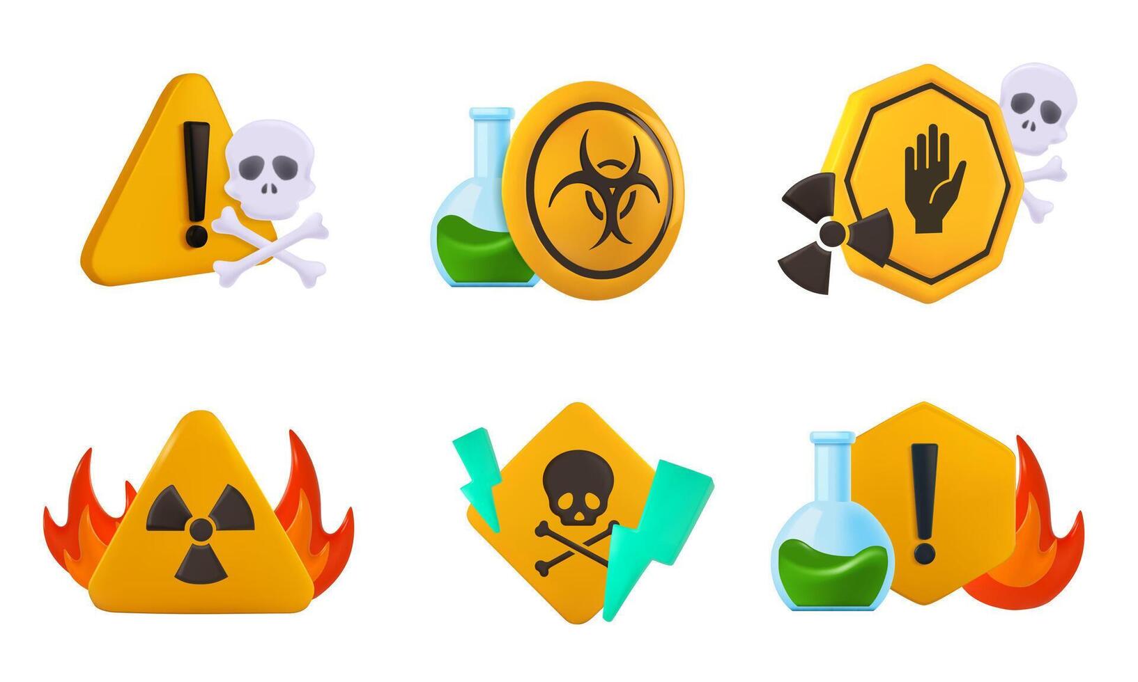 Hazard 3D signs. Biohazard and radiation warning, caution symbols with skull, toxic, nuclear, flammable and chemical hazard icons. Safety alert set vector