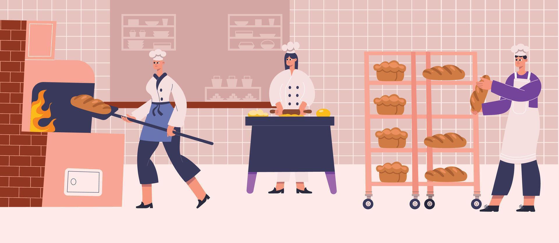 Professional bakers characters cooking, baking bread and pastry vector