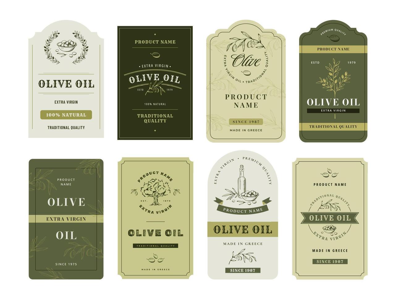 Olive oil label. Elegant hand drawn olive tree branches with leaves and olives decorated packaging designs isolated illustrations set vector