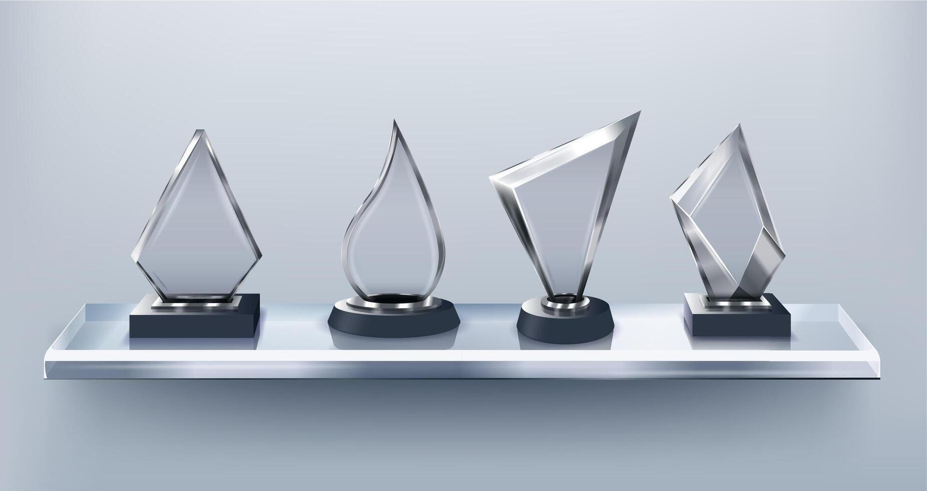 Glass awards on display shelf. Gallery of honor, clear transparent crystal trophy template collection vector