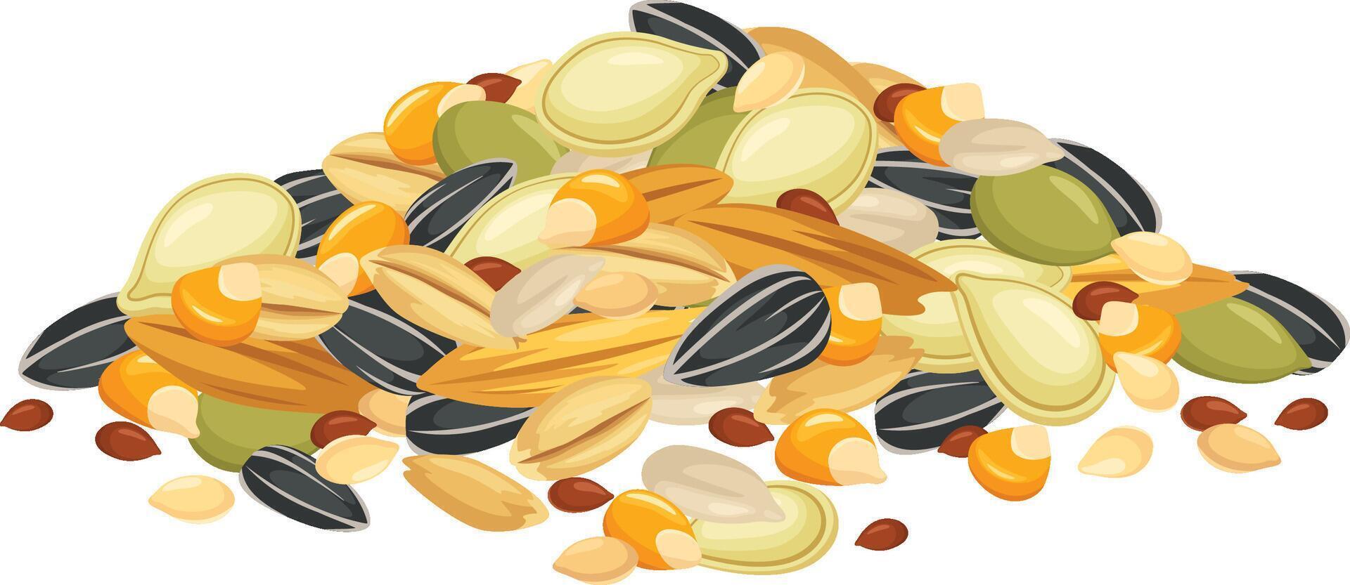Mixed seeds and grains. Health food agricultural mix, natural ingredients and bird feed illustration vector