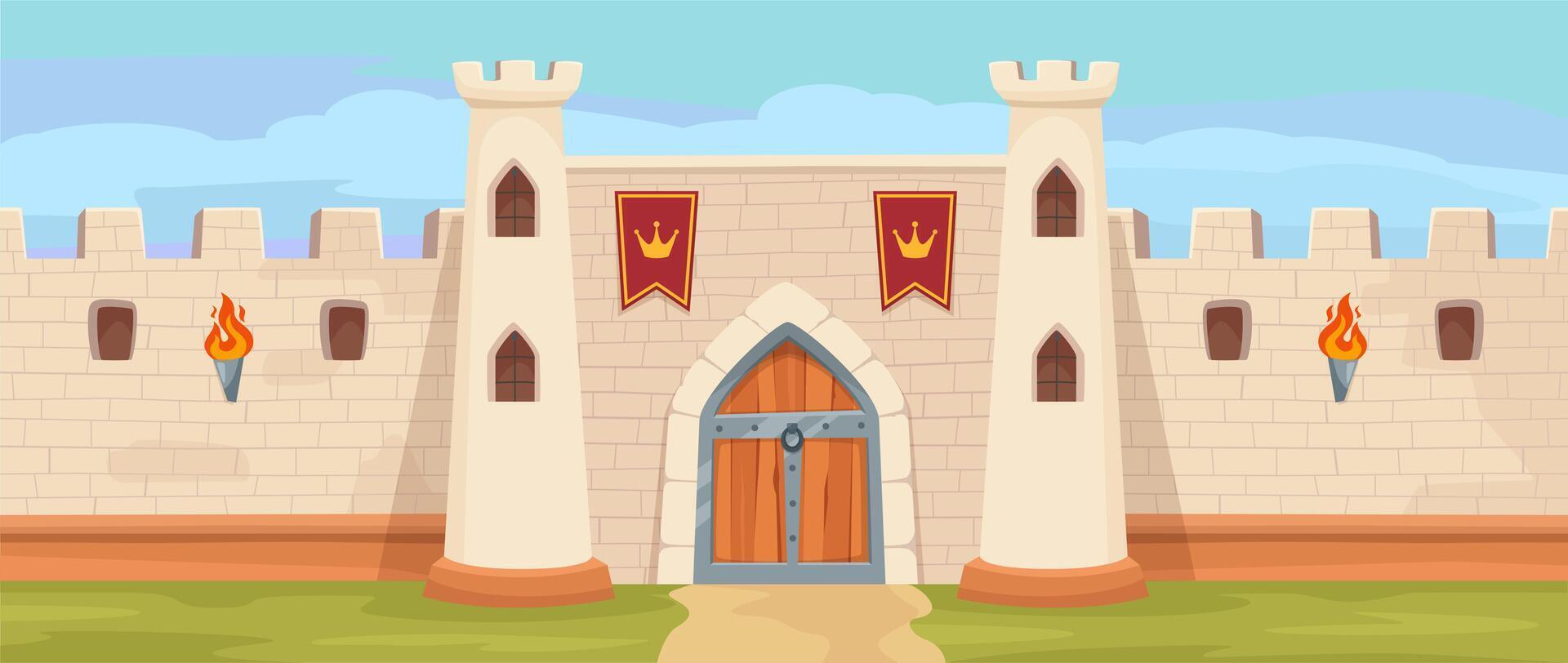 Medieval kingdom fortress gate. Majestic medieval castle with stone walls, royal stronghold cartoon background illustration vector