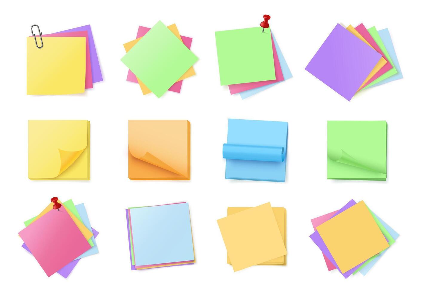 Color sticky note stack. Blank adhesive notepads, stacked multicolored memo pads pinned with pins or paper clips. Office messages set vector