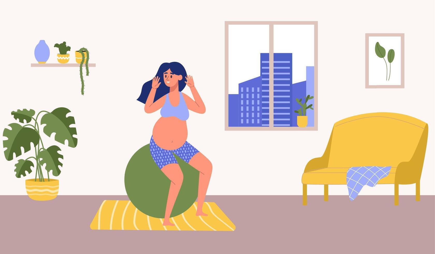 Pregnant woman practicing yoga at home with fitness ball vector