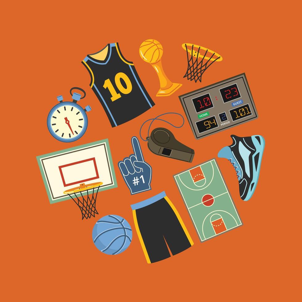 Basketball icons circle. Game equipment, basketball hoop and ball, scoreboard, whistle and stopwatch illustration set vector
