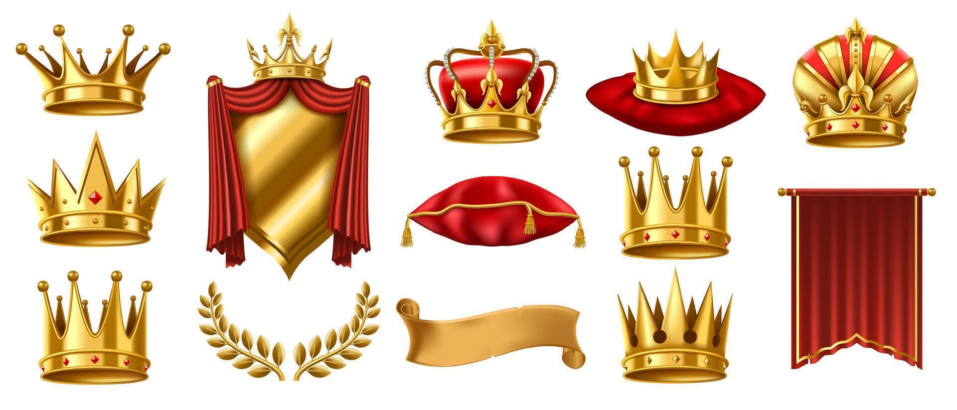 Realistic 3D royal elements. Golden crown on red pillow, crowned shield and gold laurel wreath illustration set vector