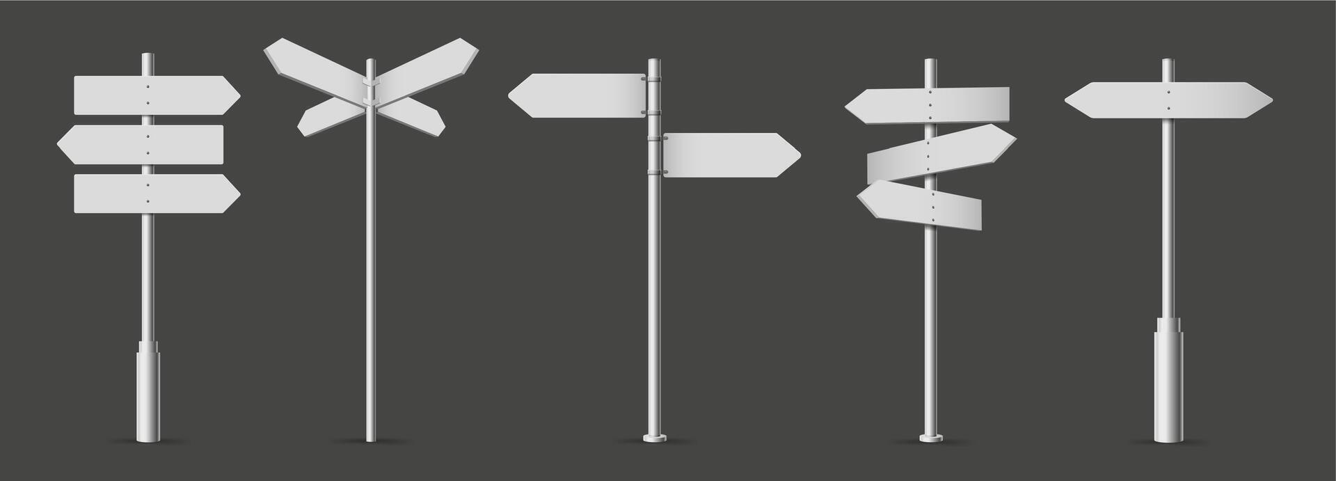 White fingerpost. Directional sign, 3D wayfinding arrows on pole isolated realistic illustration set vector