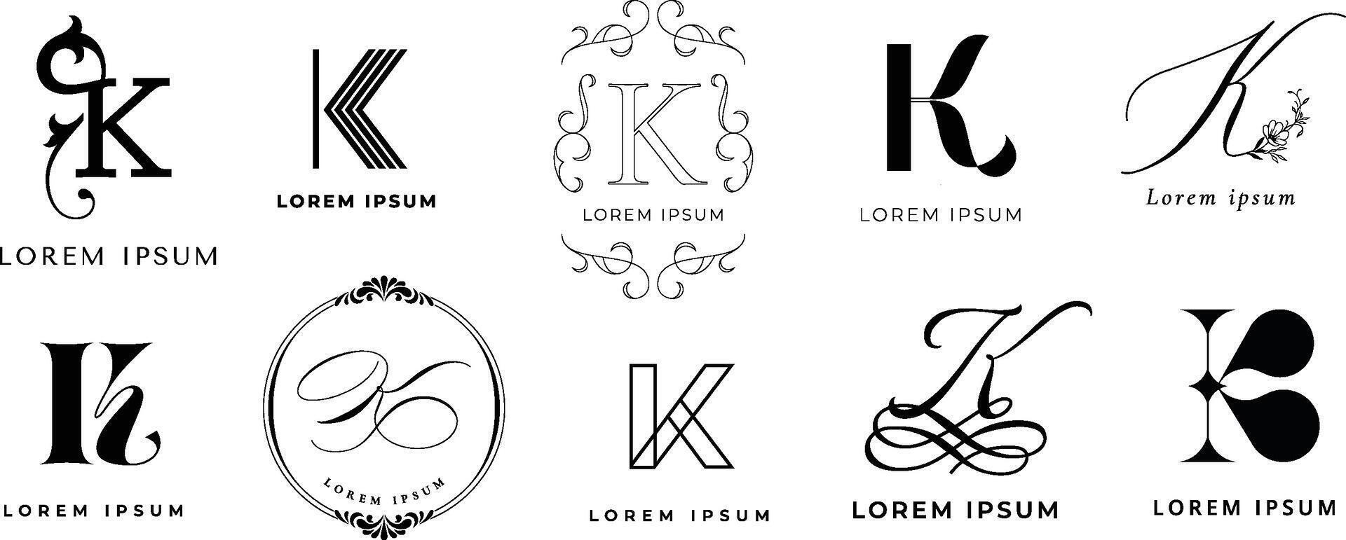 Creative K emblem. Letter k monogram for key, royal king and kitchen company branding template icon set vector