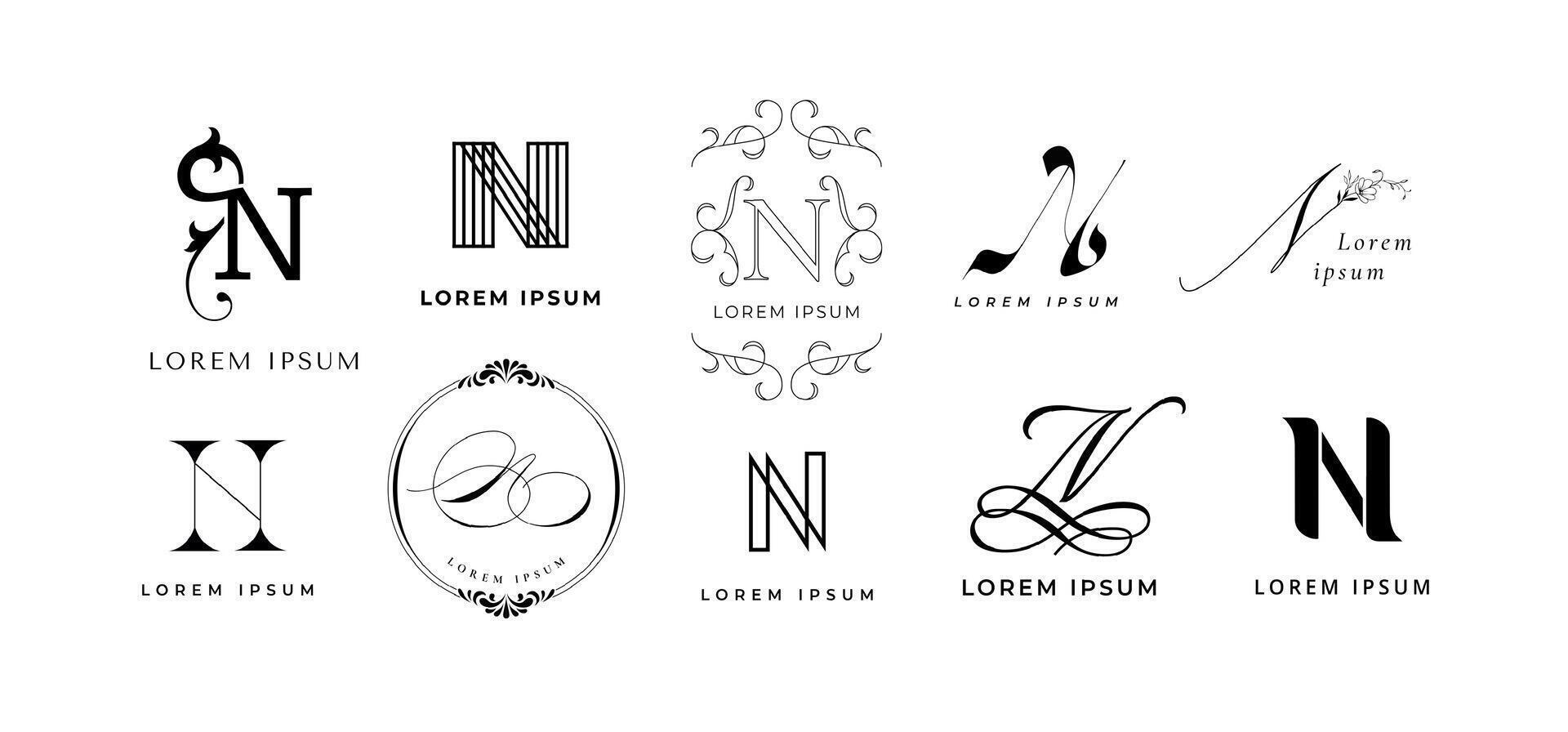 Creative N emblem. Letter n monogram branding template. Geometric and lettering typography icon set vector