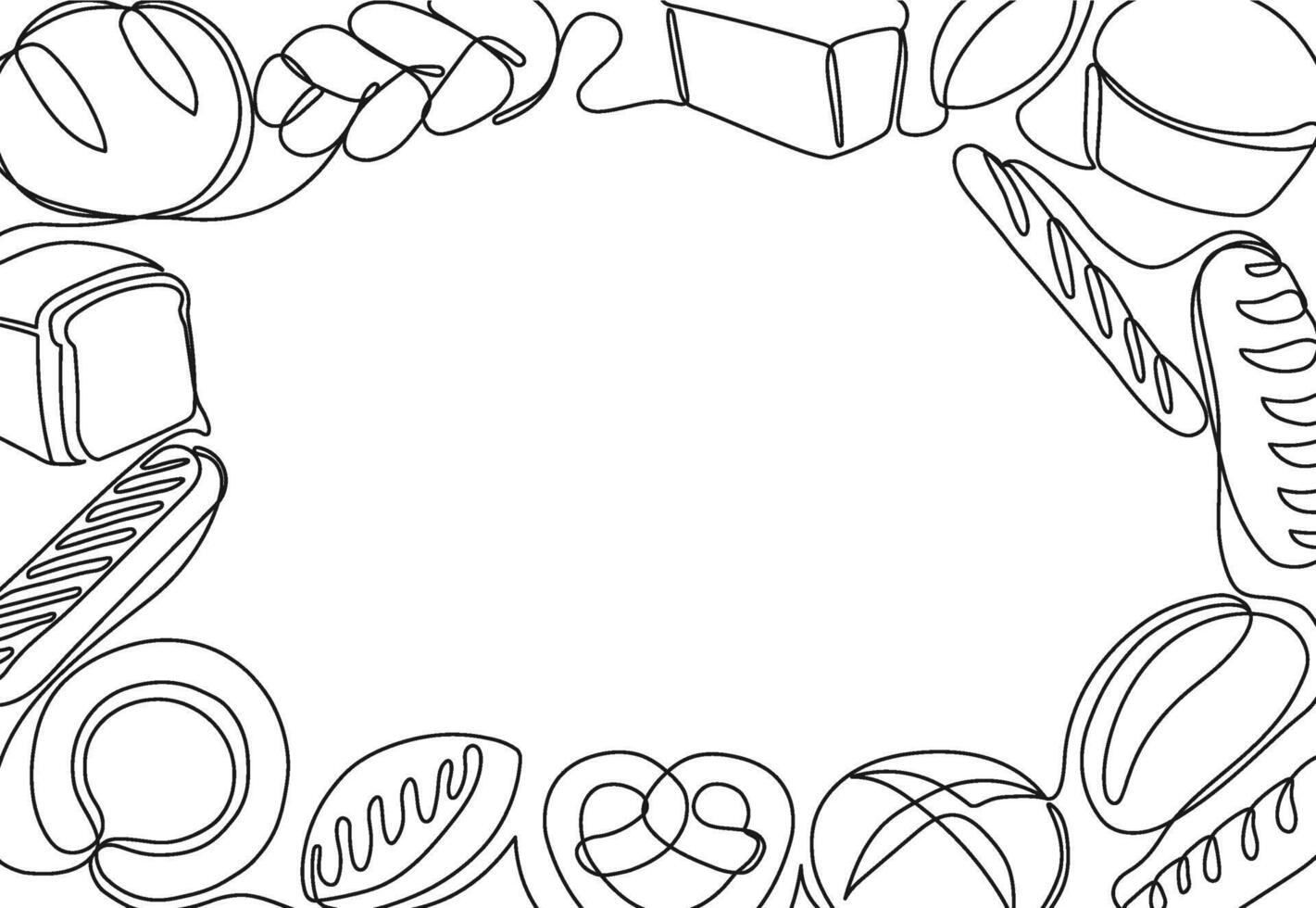 One line bakery products frame. Fresh bread, baked goods border for bakery menu design template illustration vector