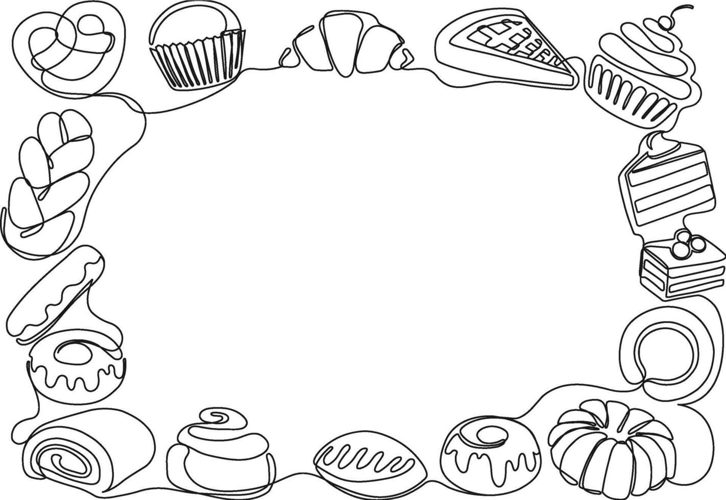 One line sweet bakery frame. Baked goods and desserts for menu border, recipe card or culinary themed illustration vector