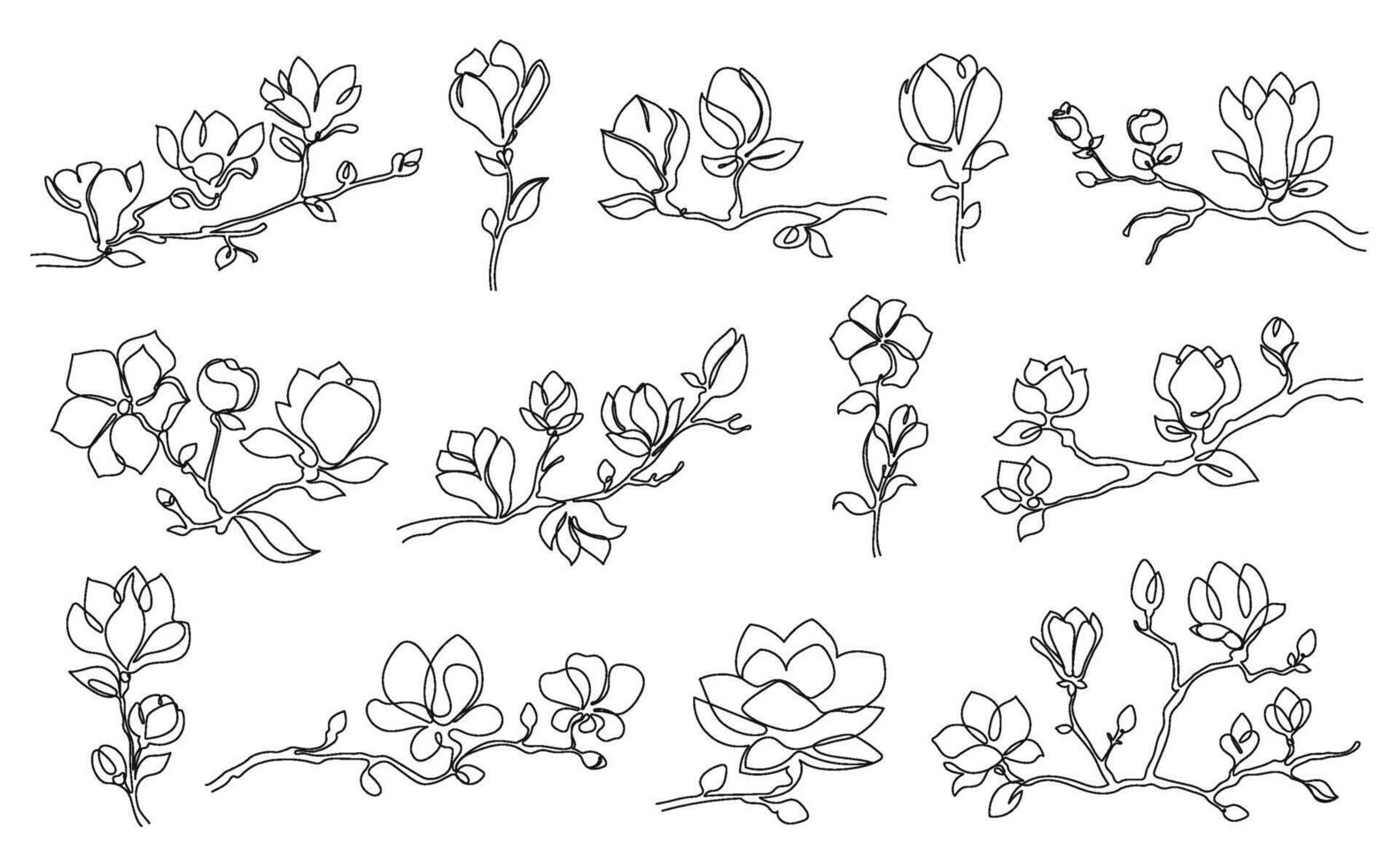 One line magnolia flowers. Blooming magnolia branches, minimalist floral spring-themed art hand drawn illustration set vector