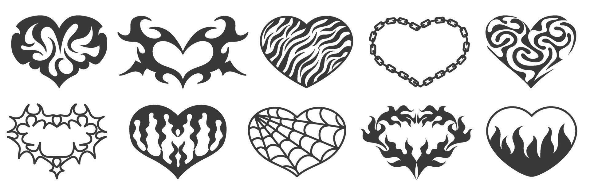 Neo tribal heart tattoo shapes. Hot flame hearts, chain of love, spider web and spiked heart symbols. Gothic Y2K romantic stickers set. Abstract goth punk hearted decoration vector
