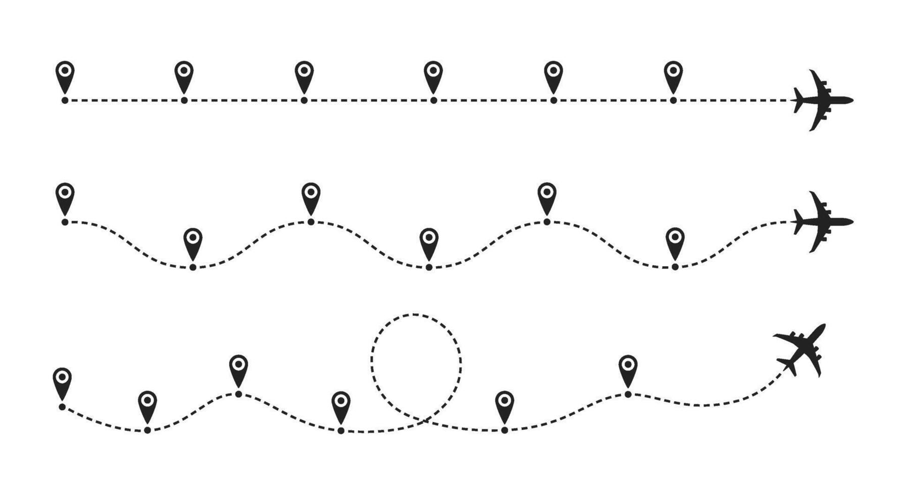 Timeline plane route. Flight paths with dashed line and airplane icons, roadmap infographic and travel path routes with location pin markers set. Journey trace business infographics chart vector