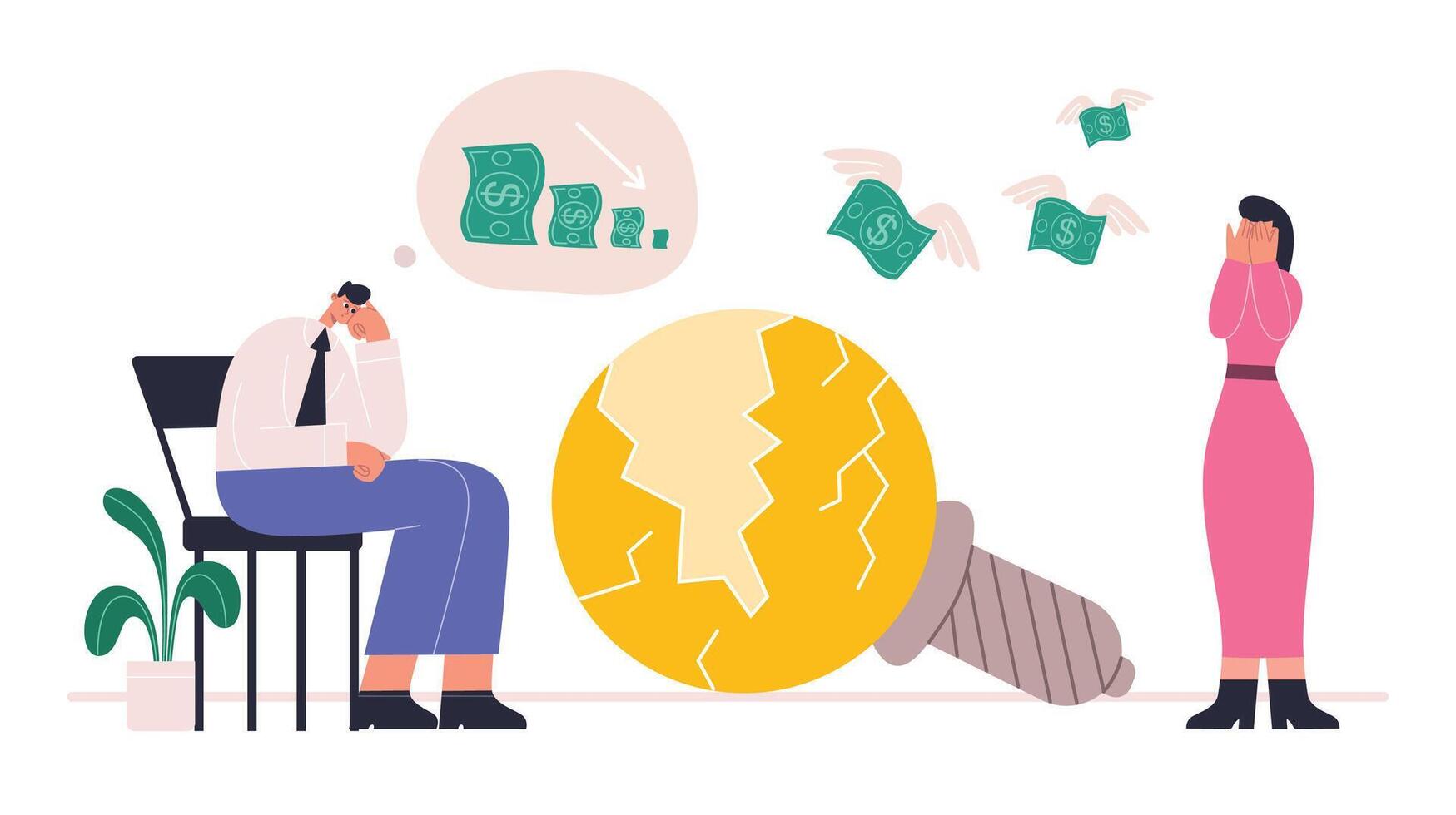 Office clerk fail business work, crisis and bankrupts vector