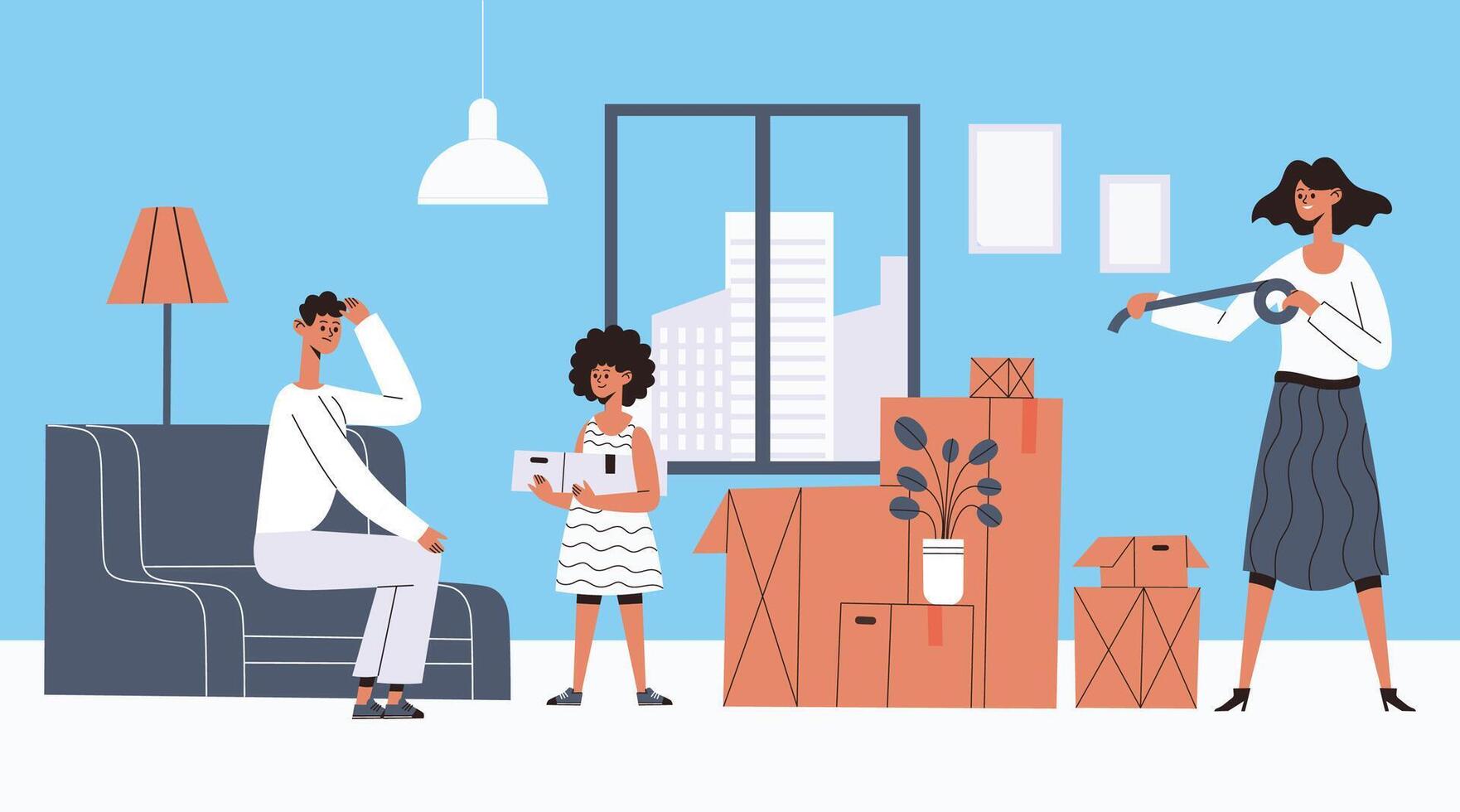 Moving out people, family relocation in new place vector