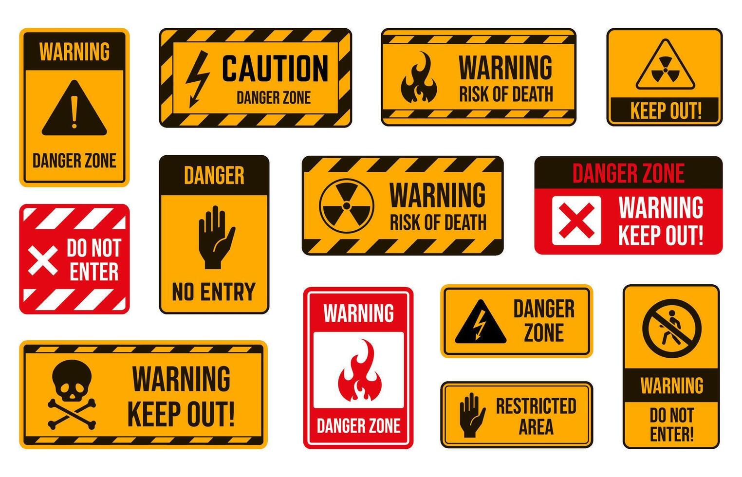 Danger area warning signs. Caution keep out symbol, electrical hazard, fire risk and toxic material alerts set vector