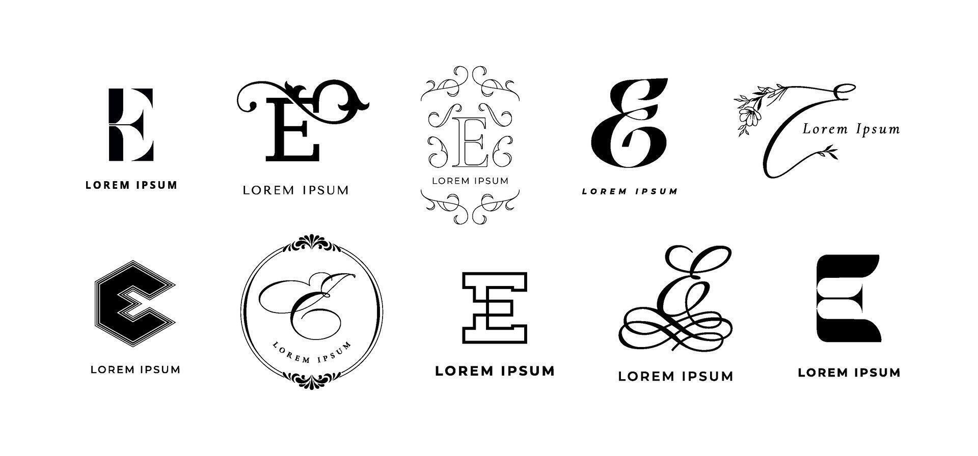 Creative E emblem. English letter e elegant monogram for eco energy, electronic and elite event branding template icon set vector
