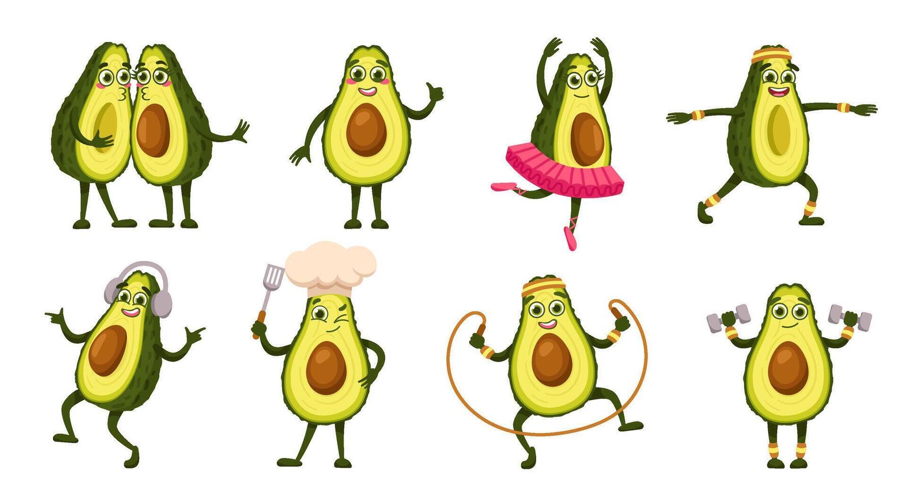 Cartoon avocados mascot characters. Playful avocado figures with fitness poses, chief cook, ballet dancer and kissing pair illustration set vector