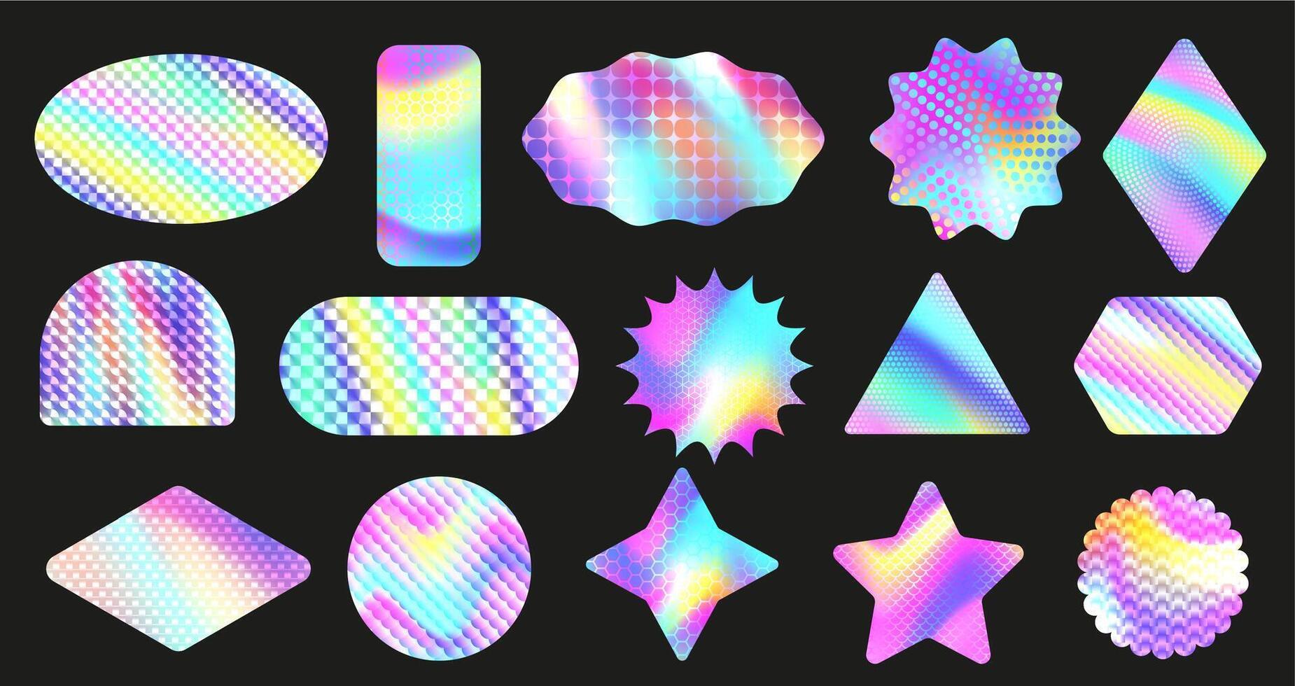 Textured holographic stickers. Iridescent geometric figures, holo gradient shapes with texture patterns collection set vector