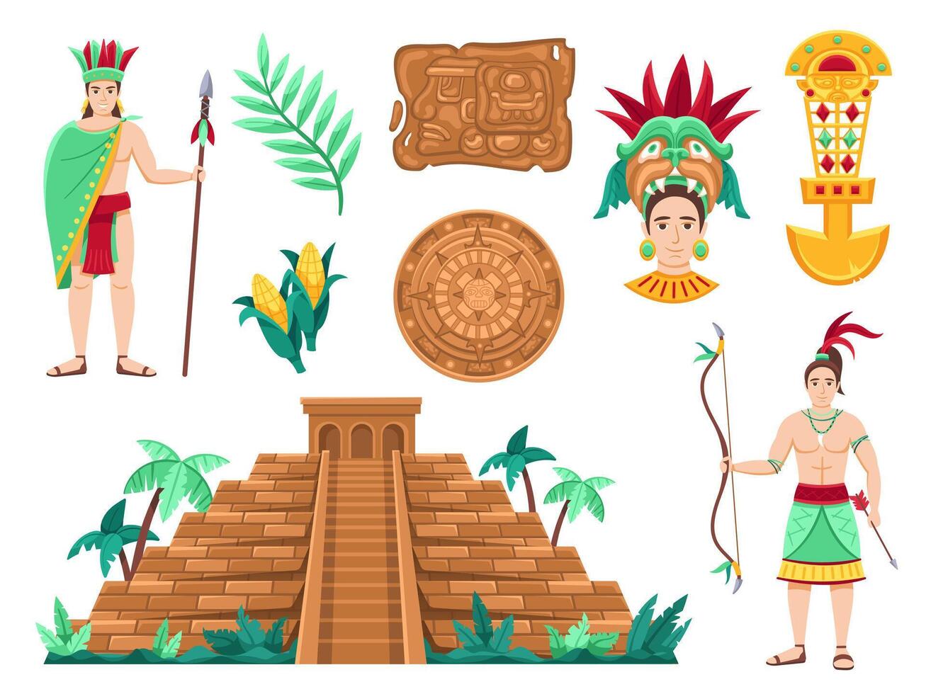 Maya civilization. Majestic pyramid, ancient Maya calendar wheel, people adorned with traditional headdresses and garments illustration set vector