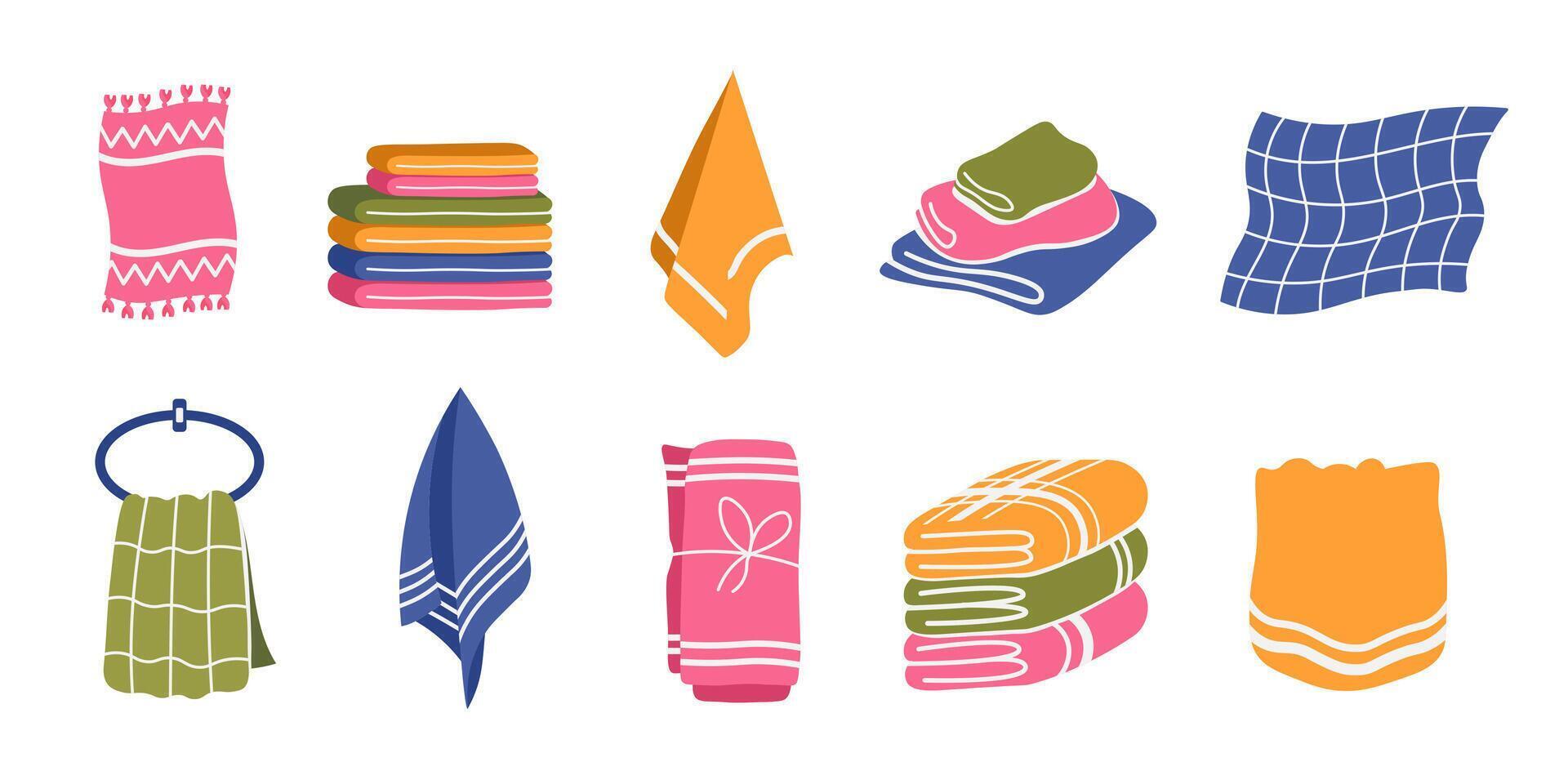 Household towel silhouettes. Fresh soft clothes of different colors for kitchen and bathroom. Fluffy fabric for face, hand and body vector