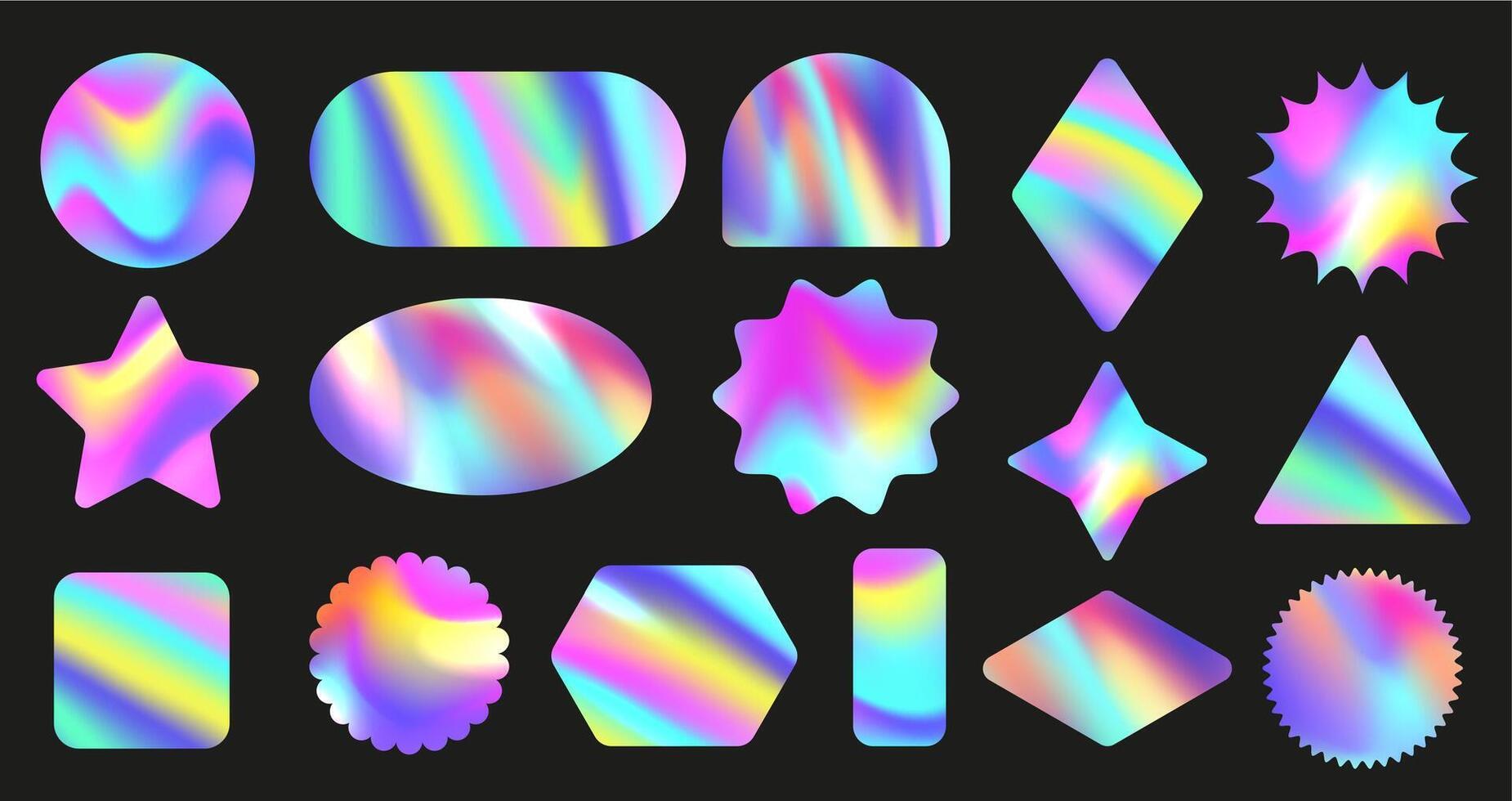 Iridescent holo sticker shapes. Holographic geometric forms, colorful foil decals background set vector