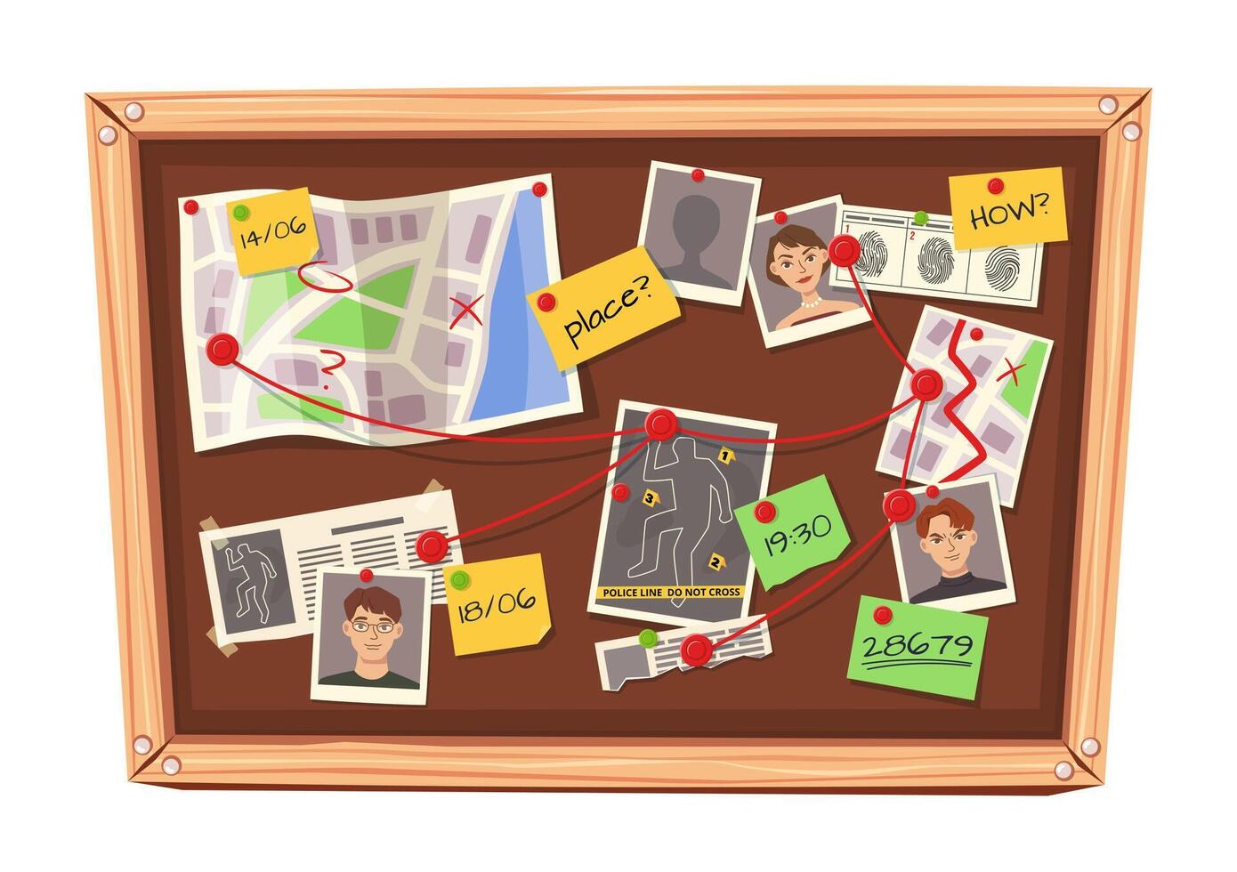 Detective board. Mystery investigation cork board with clues, marked maps, suspect photographs, evidence fingerprints, time notes, and crime scene information isolated cartoon illustration vector