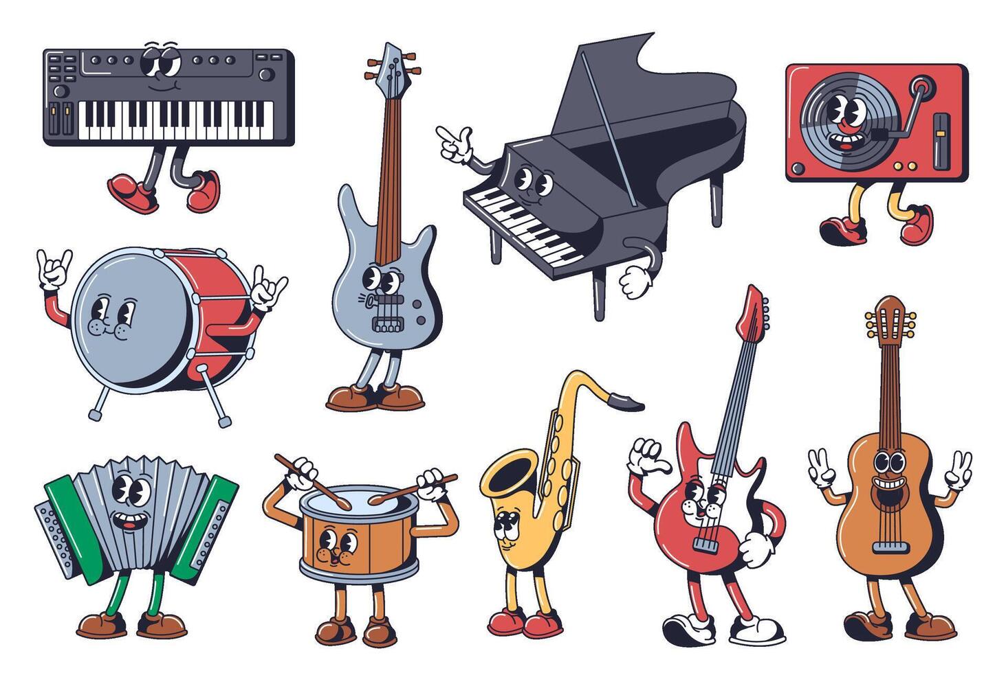 Cartoon musical instrument characters. Music mascots keyboard synthesizer, bass guitar, grand piano and vinyl turntable. Electric and acoustic guitars vector