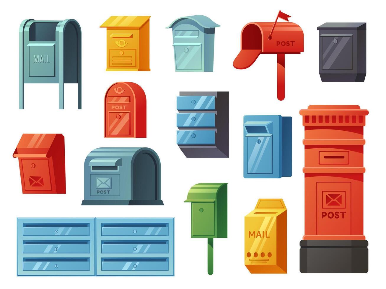 Cartoon postal mailboxes. Traditional curbside mailbox, wall mounted, European pillar, apartment mail slots and public street letterboxes isolated illustration set vector