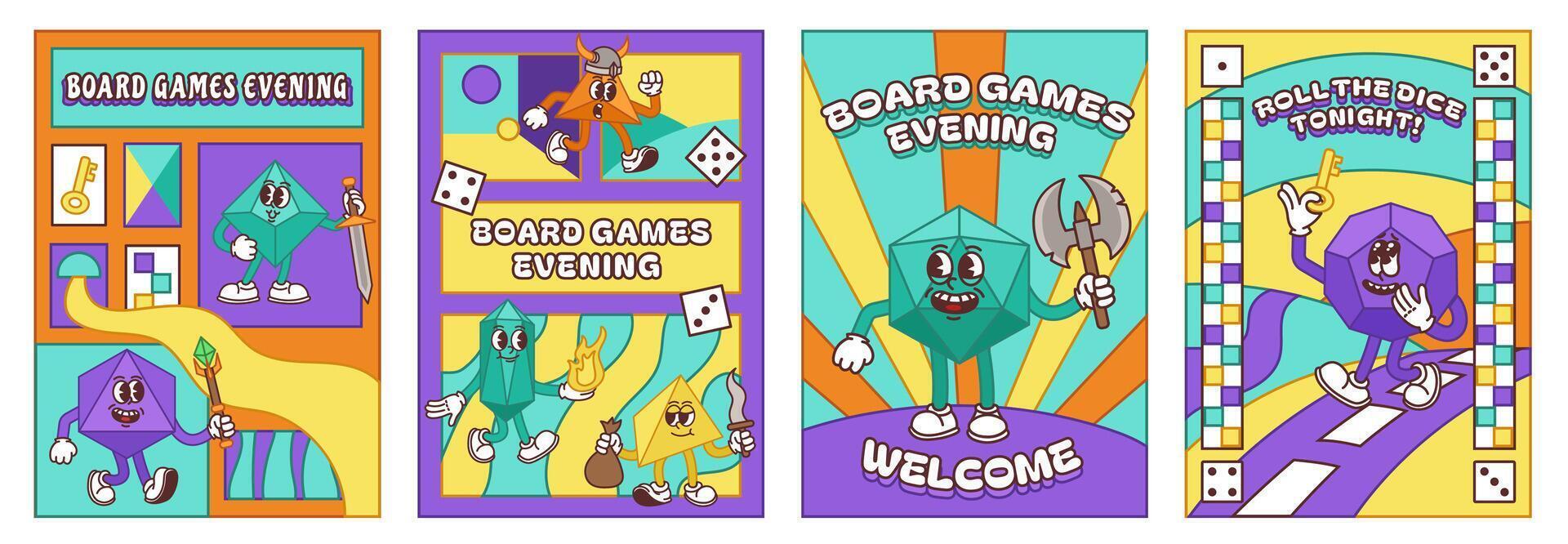 Board games evening event banners. Invitation poster or flyer design with playful tabletop gaming geometric characters illustration set vector