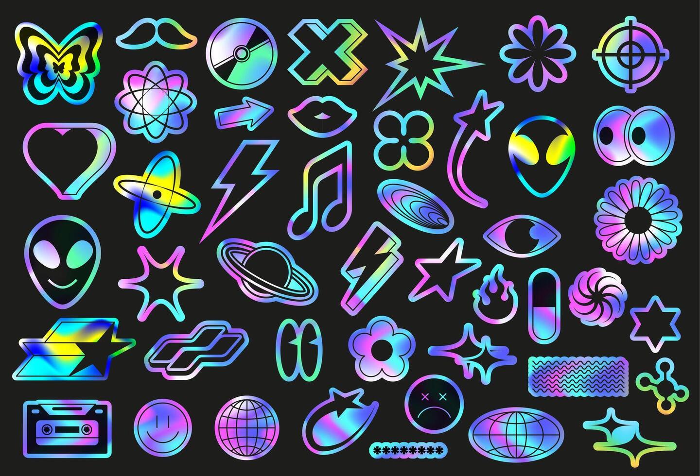 Iridescent holo stickers pack. Fluorescent retro 90s style symbols, Y2K icons and holographic gradient decals set vector