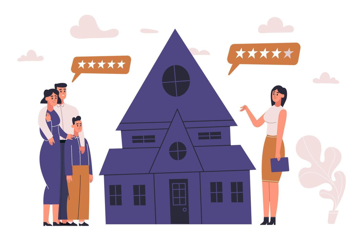 Family searching new home. Parents with son looking at new house for sale vector