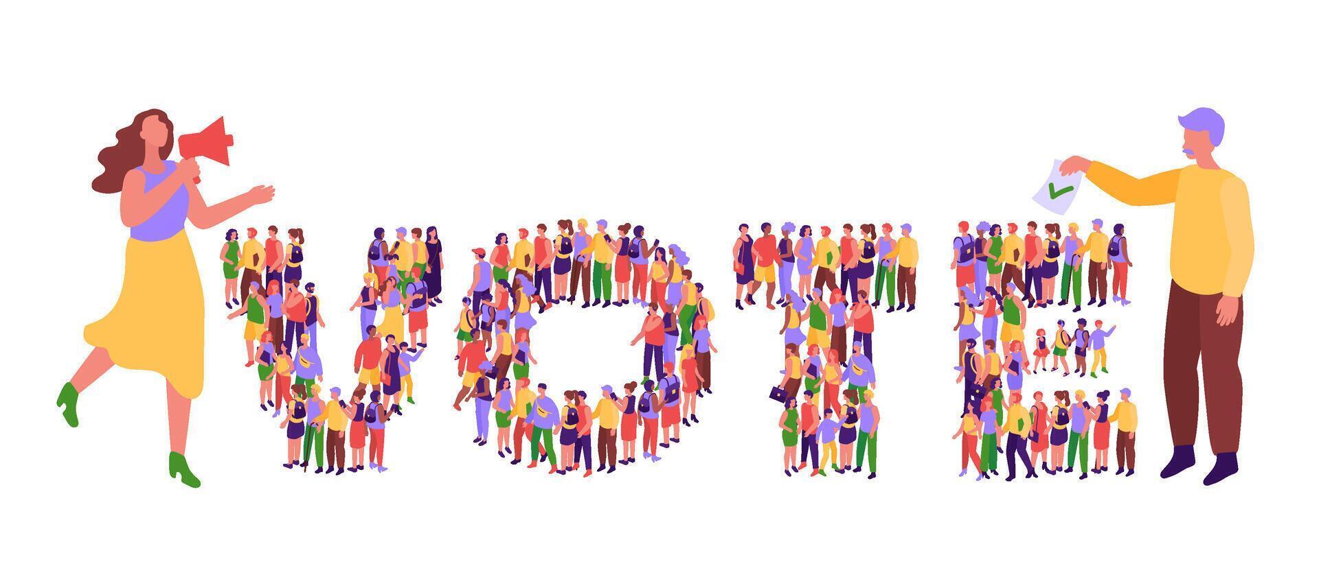 Voting banner. Vote typography formed by voters community crowd, election engagement isometric illustration vector