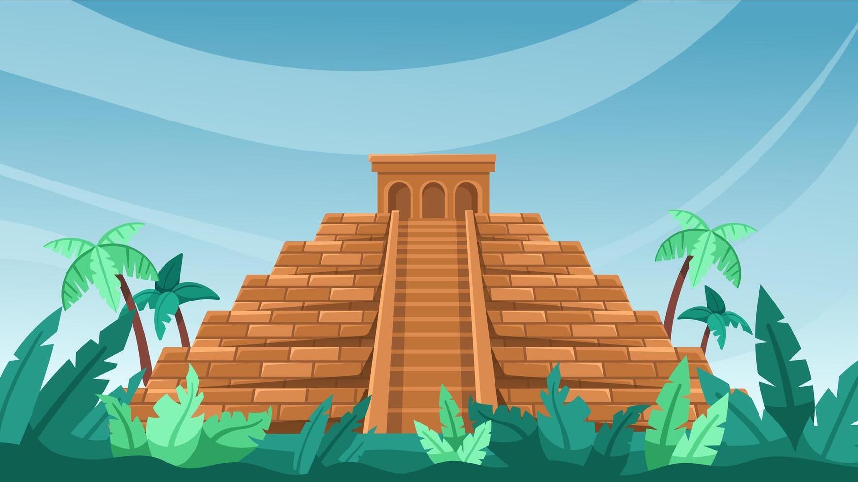 Ancient Maya pyramid. Mesoamerican architecture with lush tropical foliage cartoon background illustration vector