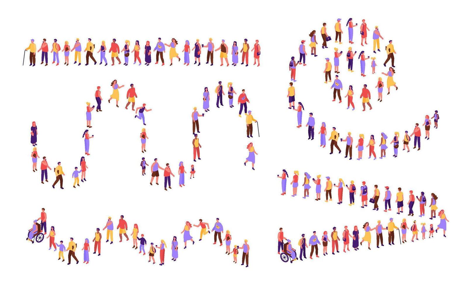 Top view people in line. Customers line of diverse people forming various line shapes, community crowd stay and wait isometric illustration set vector