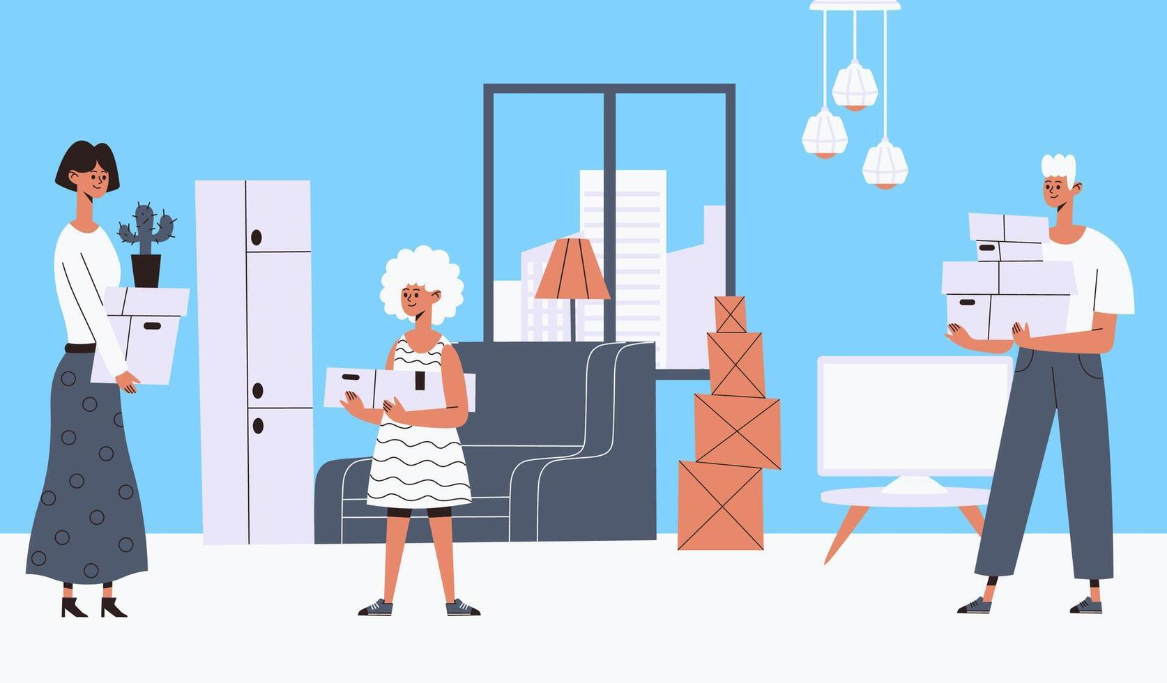 Moving out people, people relocation in new place vector