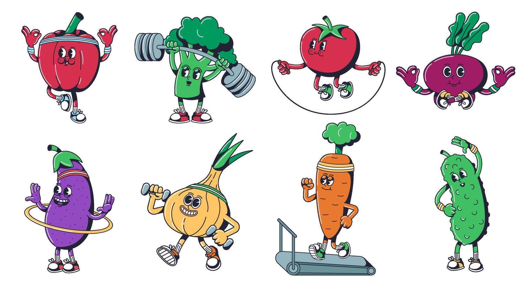 Cartoon healthy vegetables mascots. Sport veggies characters in fitness activities, bell pepper lifting weights, broccoli with barbell, a tomato on jump rope set vector
