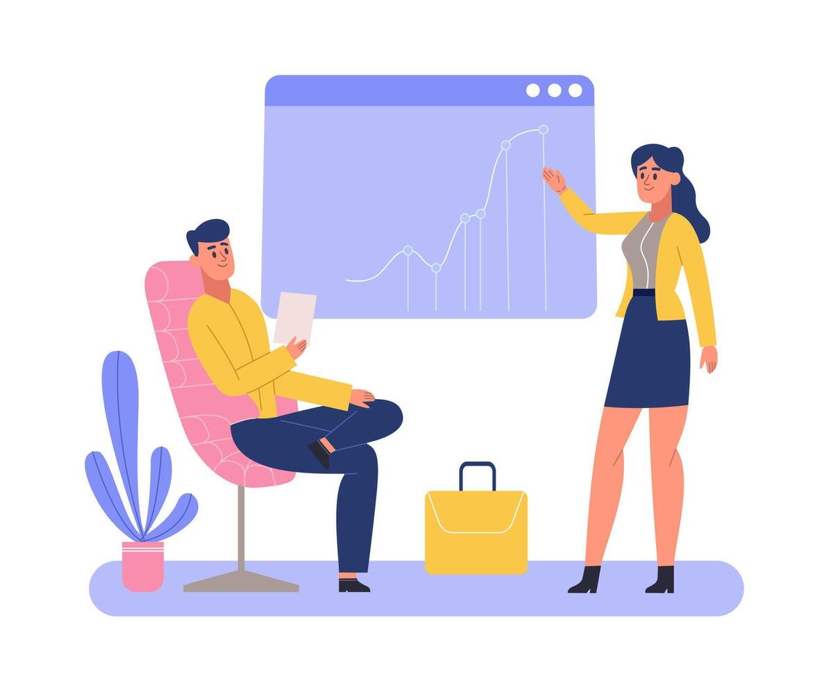 Employees analyzing finance. Office workers make projects vector