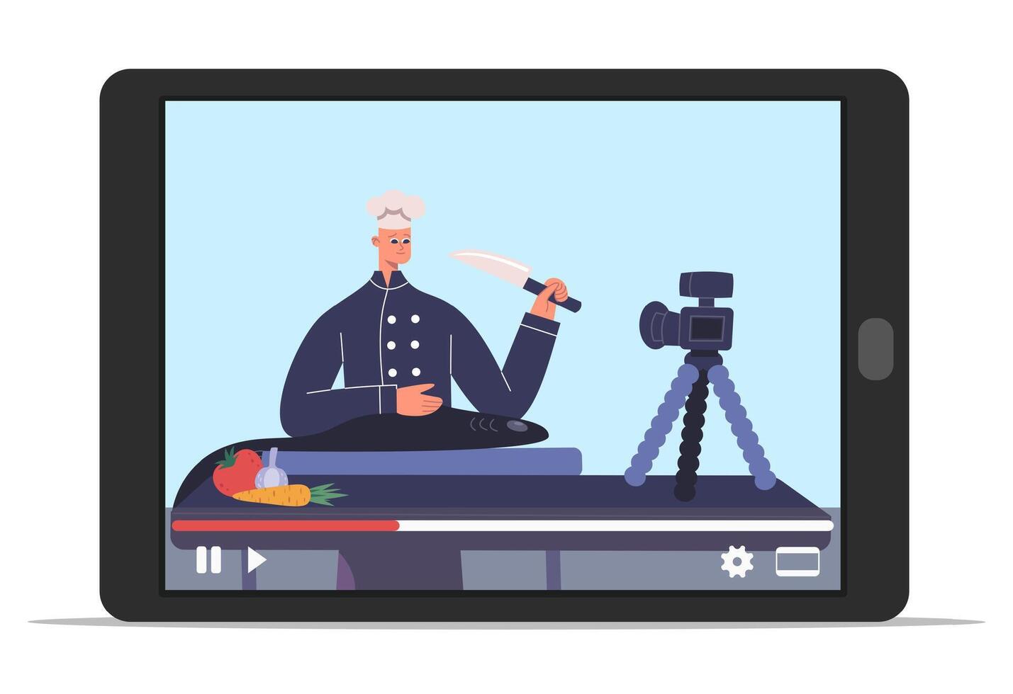 Professional restaurant chefs streaming vlog characters cooking tasty dishes vector
