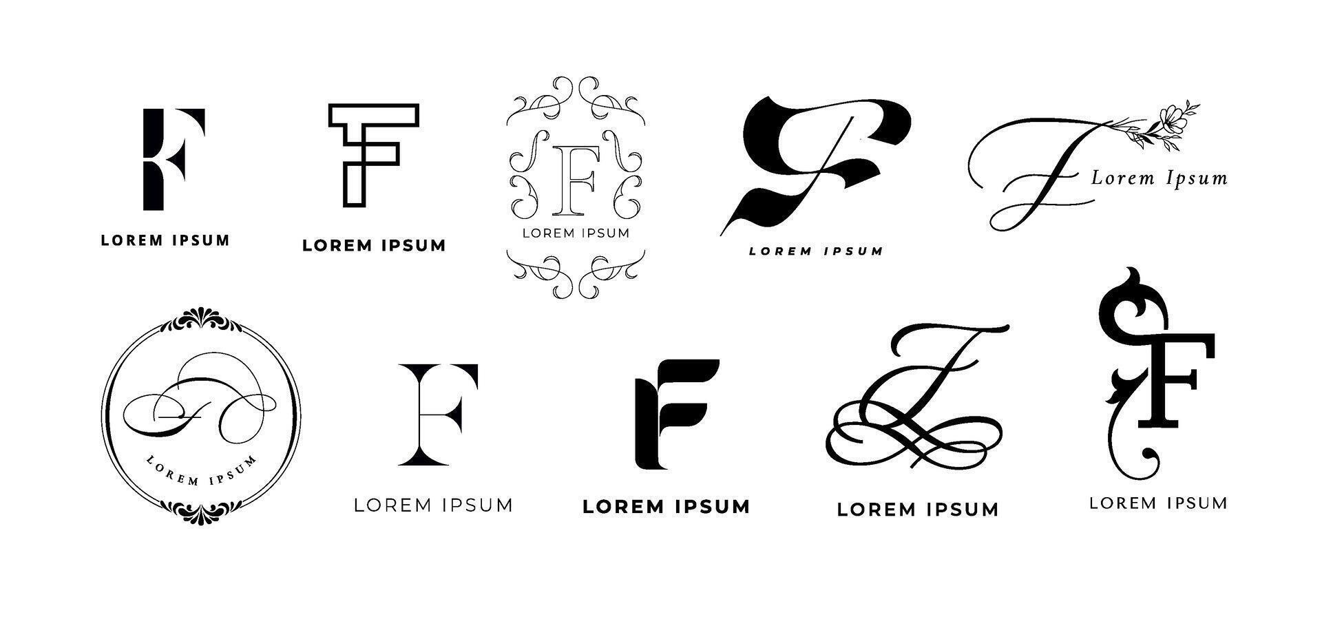 Creative F emblem. Letter f monogram for fast fitness, futuristic festival and floral farm branding template icon set vector