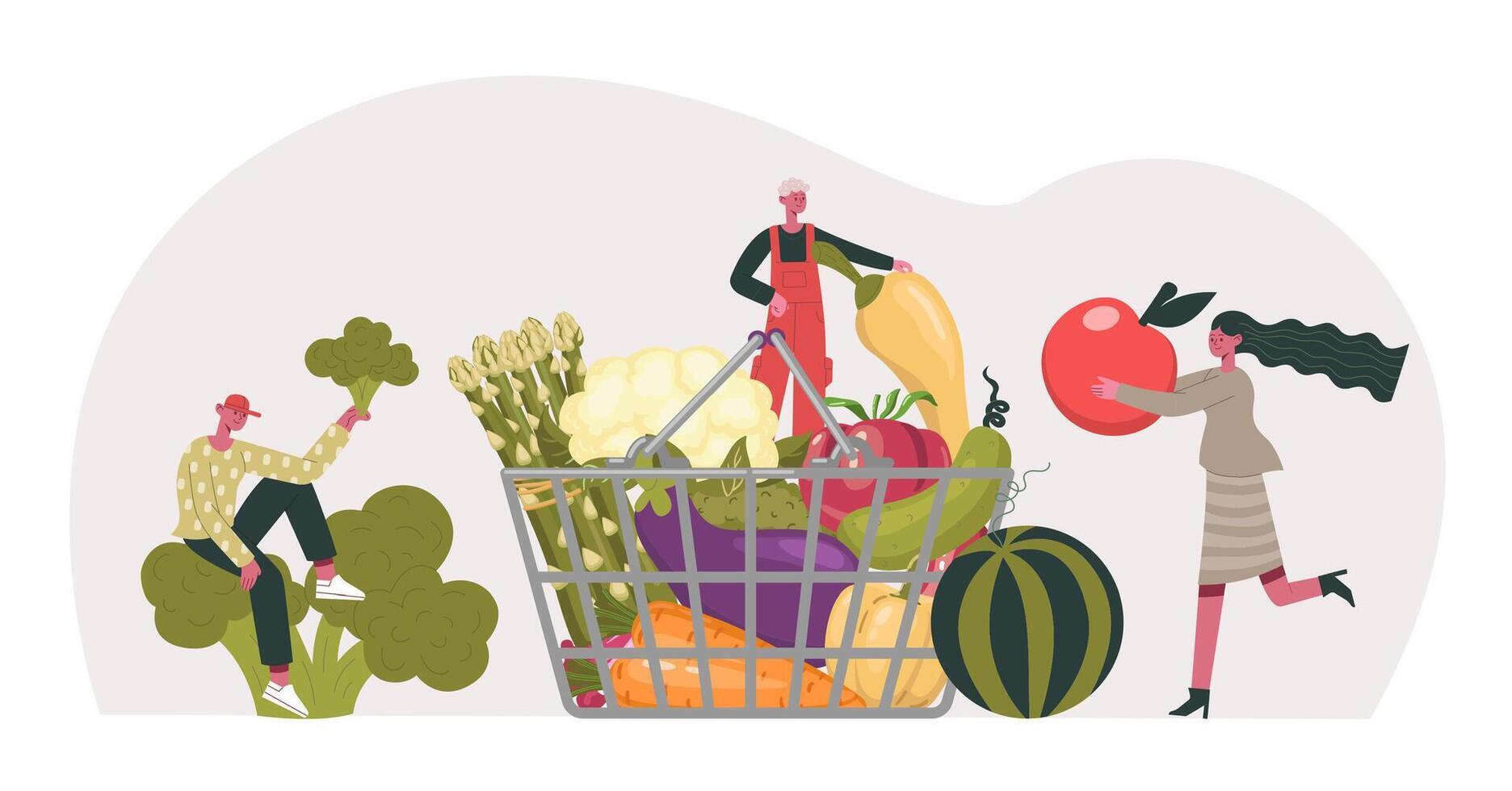 People carrying raw ingredients, veg healthy raw, vector
