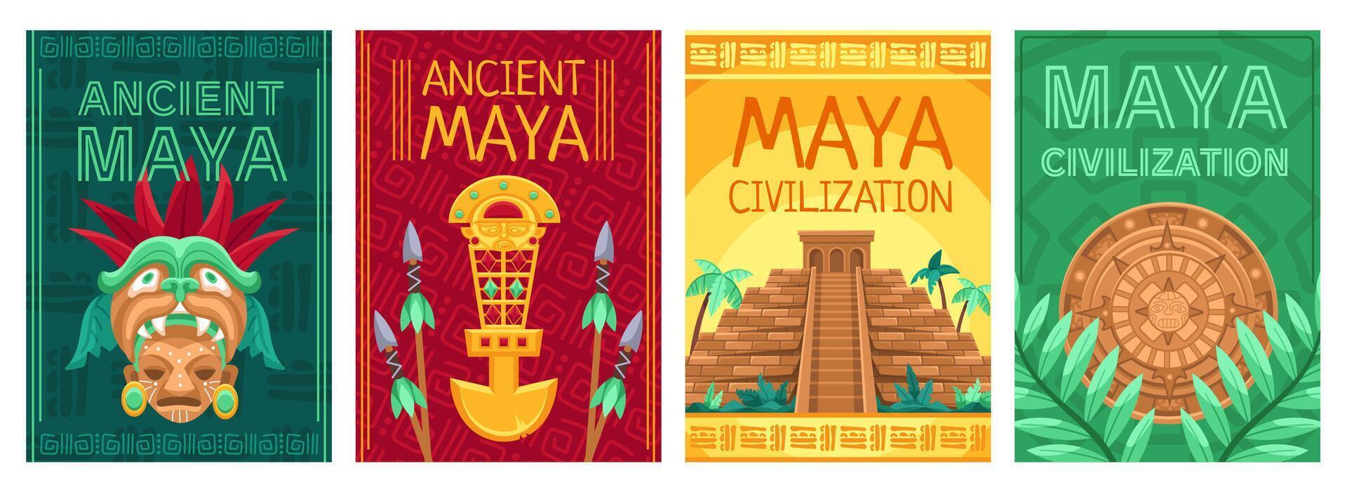 Maya civilization posters. Ancient traditional mask, pyramid and Maya calendar illustration set vector