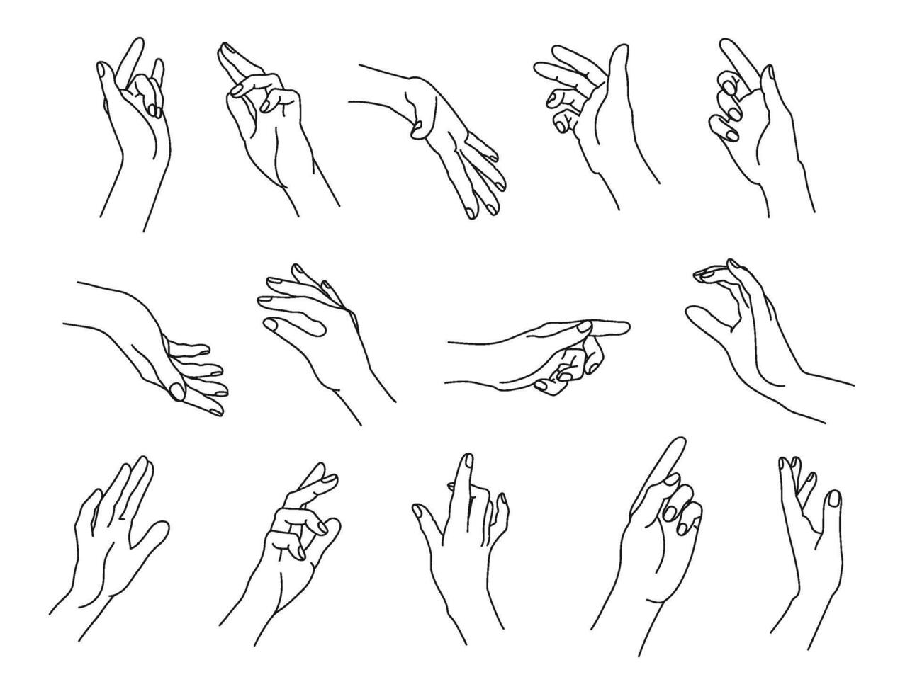 Set of linear human palms. Hand gestures for pointing, holding, snapping and gentle touch isolated line illustration set vector